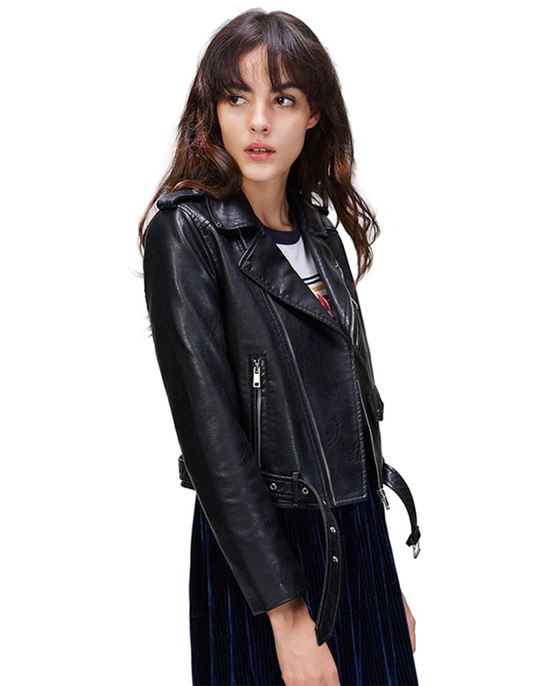 LY VAREY LIN Women's Faux Leather Motorcycle Jacket PU Slim Short Biker Coat (XL, Black) - Image 3